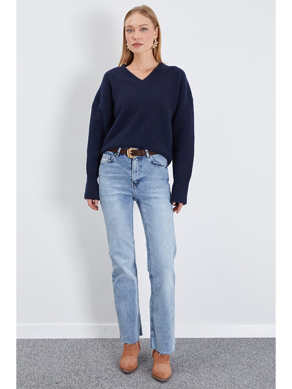 Lacivert Basic V Yaka Oversize Triko Kazak-4