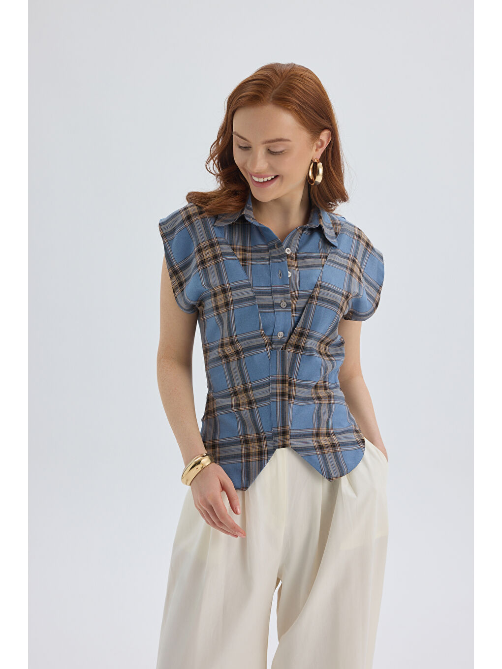 Frenzy Ekoseli Mavi Kısa Gömlek-3