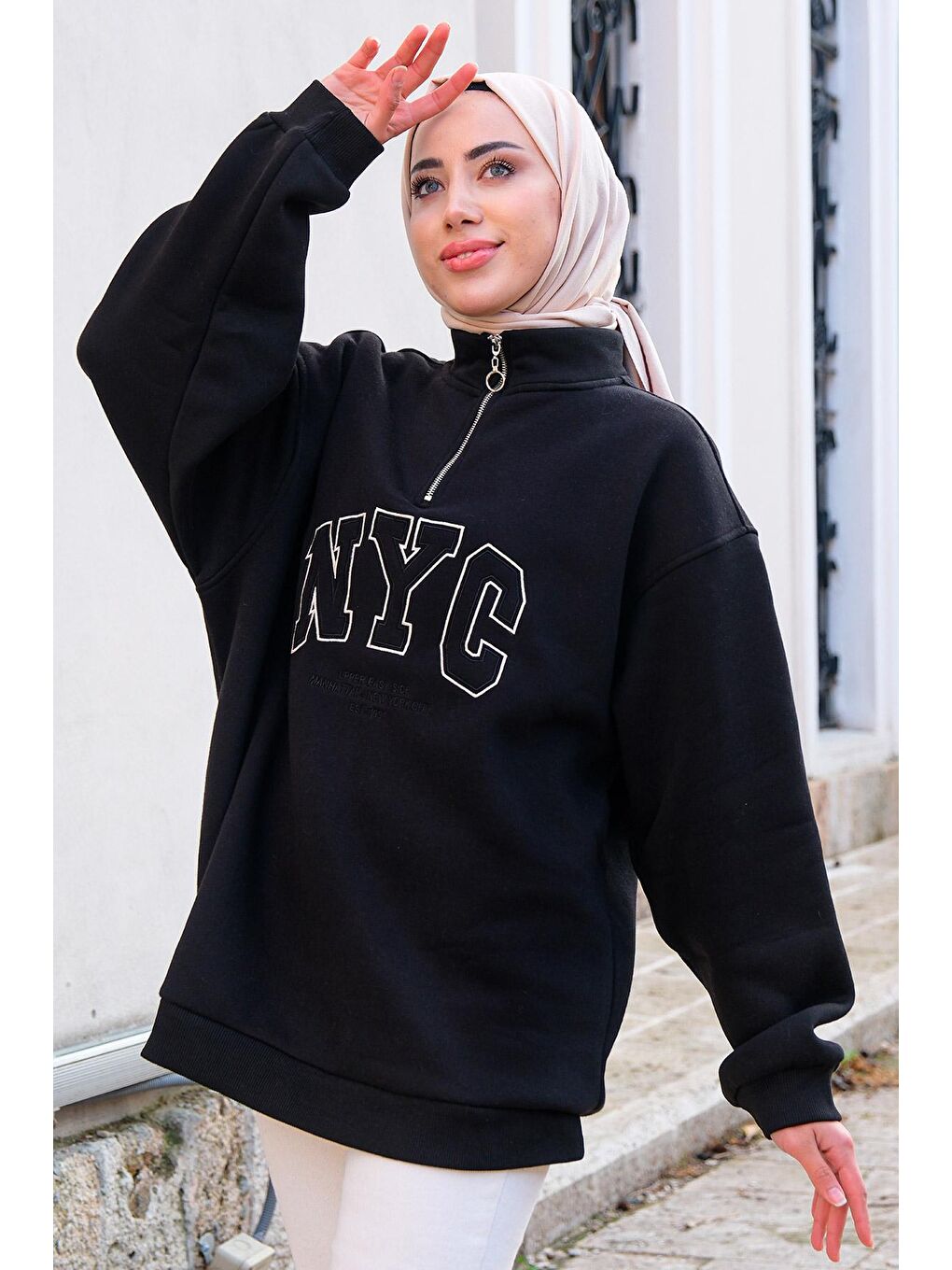 Yakası Fermuarlı NYC Baskılı Sweat  Siyah-2