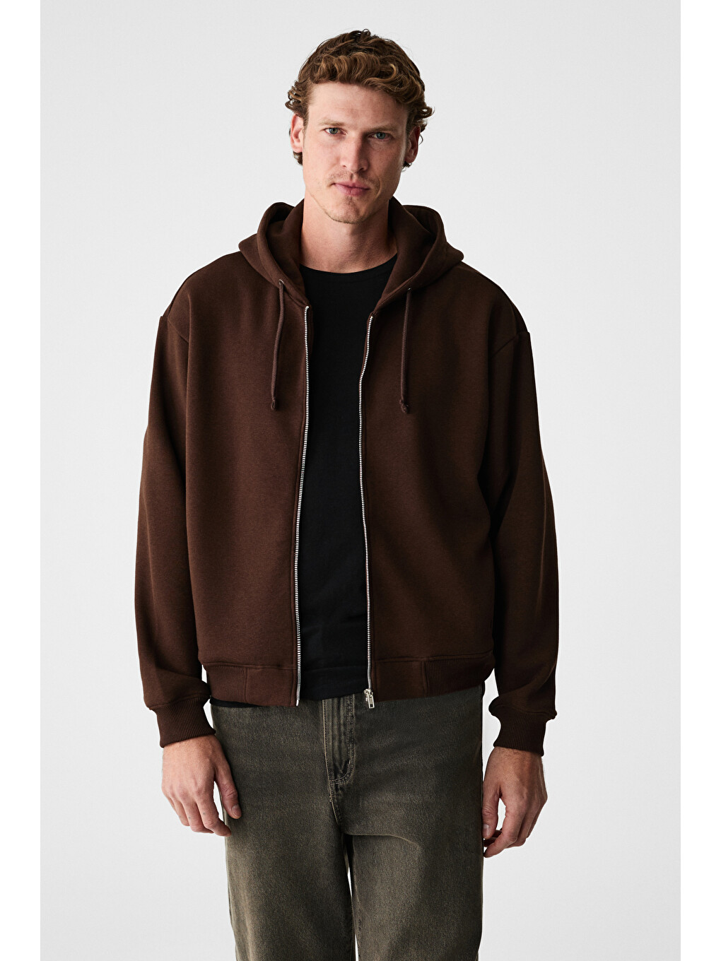 Kahverengi Ashby Erkek Kapüşonlu Fermuarlı Cepli Kordonlu Boxy Kalıp Acı Kahve Sweatshirt-1