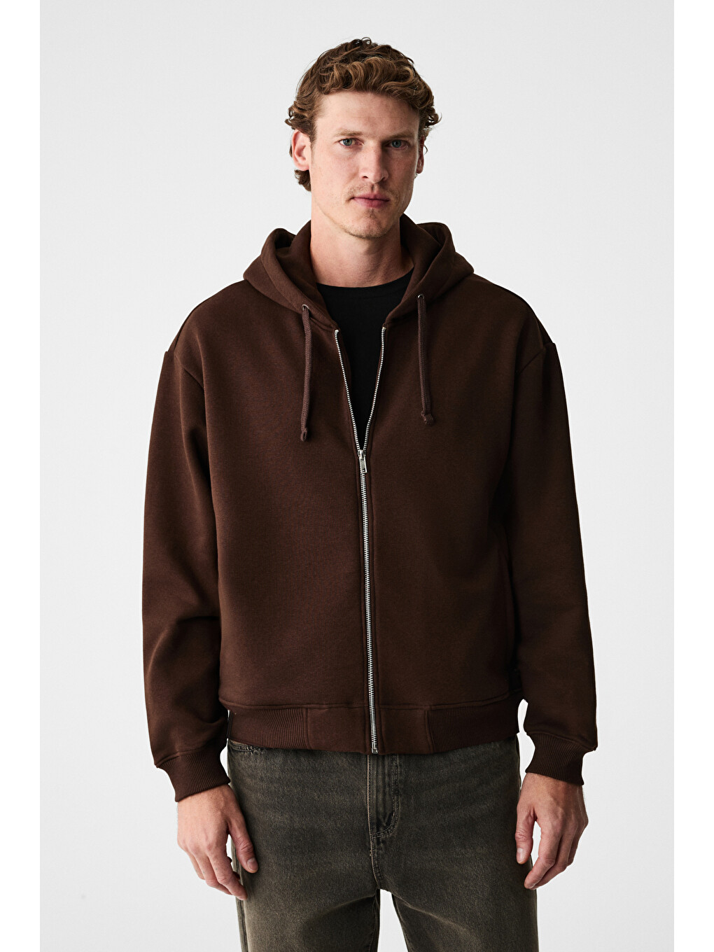 Kahverengi Ashby Erkek Kapüşonlu Fermuarlı Cepli Kordonlu Boxy Kalıp Acı Kahve Sweatshirt-2