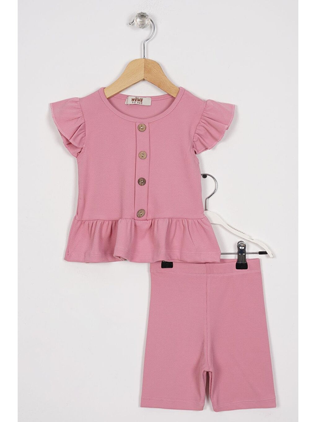 Pembe Eteği Fırfırlı Düğme Detaylı Kız Çocuk Taytlı Takım