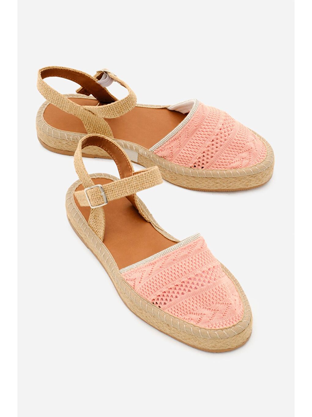 Kadın Pembe Önü Kapalı Bilekten Bağlamaı Hasır Triko Sandalet-2