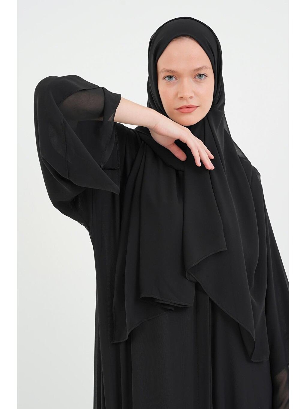 Siyah Kadın Şifon Abaya Ferace & Şal-4