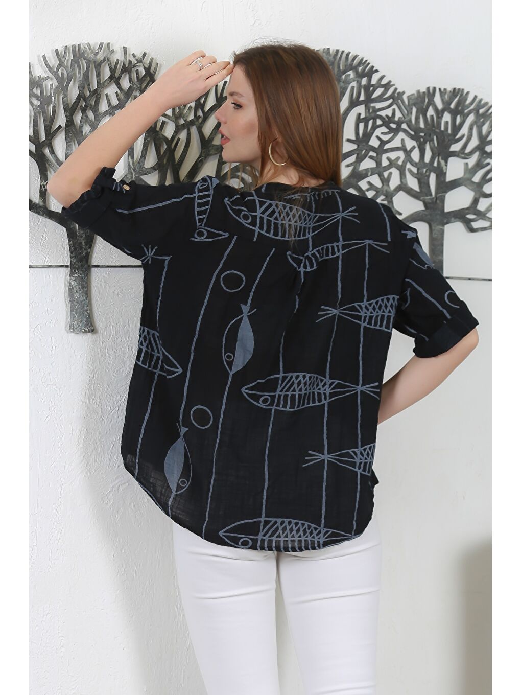 Yeşil İtalyan Limon Küfü Rengi Havuz Yaka 3/4 Kol Çiçekli Casual Keten Karışımlı Oversize Dokuma Bluz-6