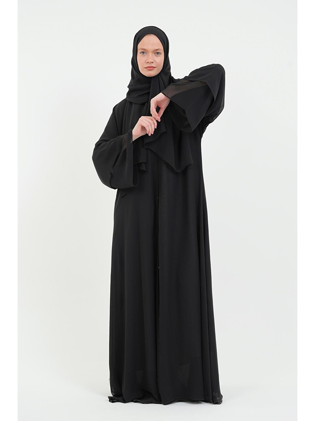 Siyah Kadın Şifon Abaya Ferace & Şal-5