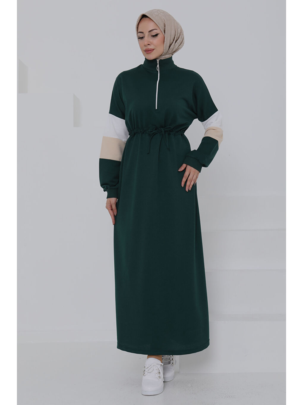 Yeşil Garnili Fermuarlı Elbise Zümrüt - 27047-3