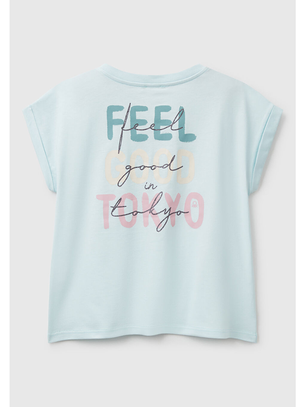 Turkuaz Kız Çocuk Su Yeşili Parlak Baskılı Düşük Omuz Tişört-1