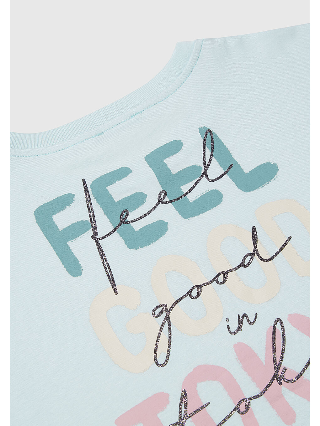 Turkuaz Kız Çocuk Su Yeşili Parlak Baskılı Düşük Omuz Tişört-2