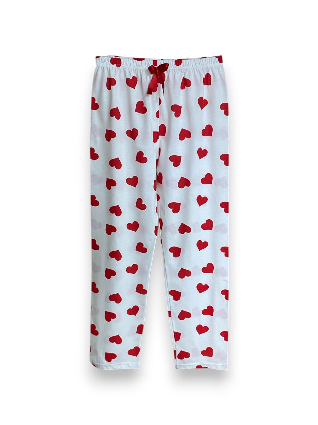 Beyaz Kadın Kalpli Pamuklu Lastikli Rahat Pijama Altı