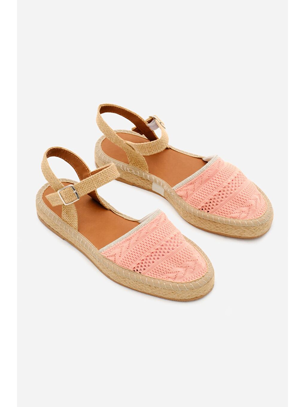 Kadın Pembe Önü Kapalı Bilekten Bağlamaı Hasır Triko Sandalet-4