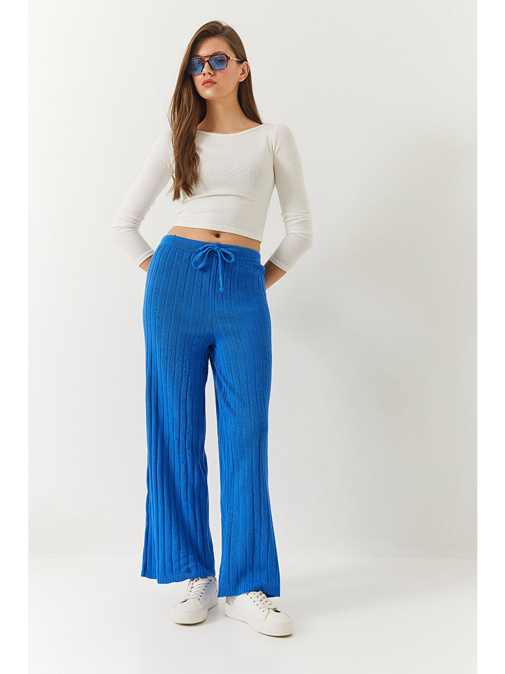 Mavi Kadın Beli Lastikli Fitilli Palazzo Pantolon-1