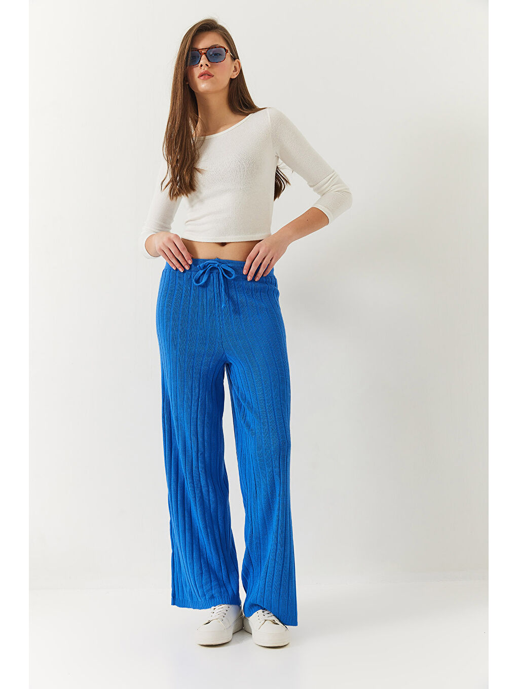 Mavi Kadın Beli Lastikli Fitilli Palazzo Pantolon-3