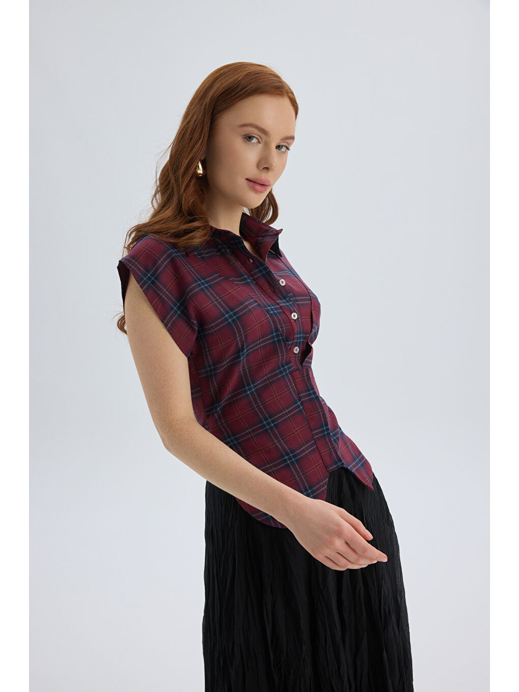 Frenzy Ekoseli Bordo Kısa Gömlek-5