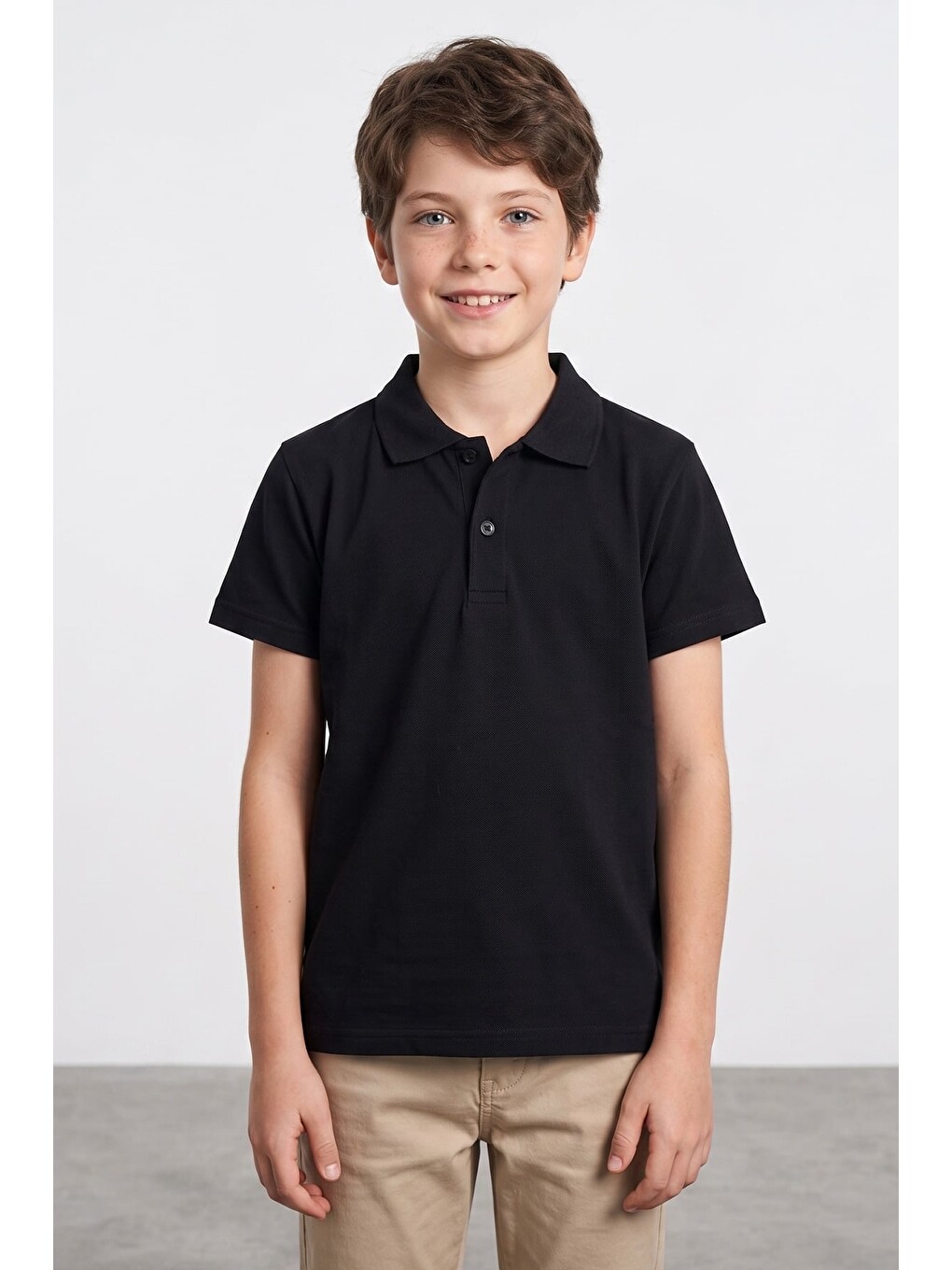 Siyah Basic Polo Yaka Unisex Çocuk Tişört-1