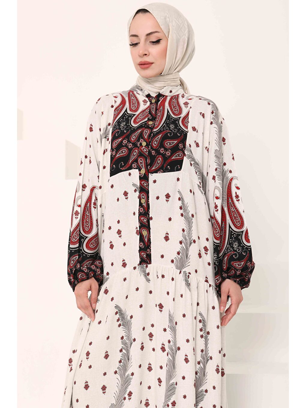 Kırmızı Desenli Düğmeli Elbise Kirmizi - 27040-1