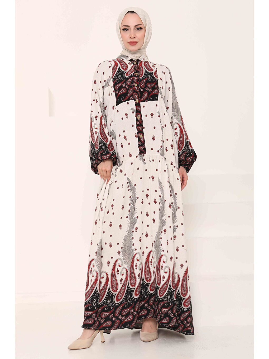 Kırmızı Desenli Düğmeli Elbise Kirmizi - 27040-2