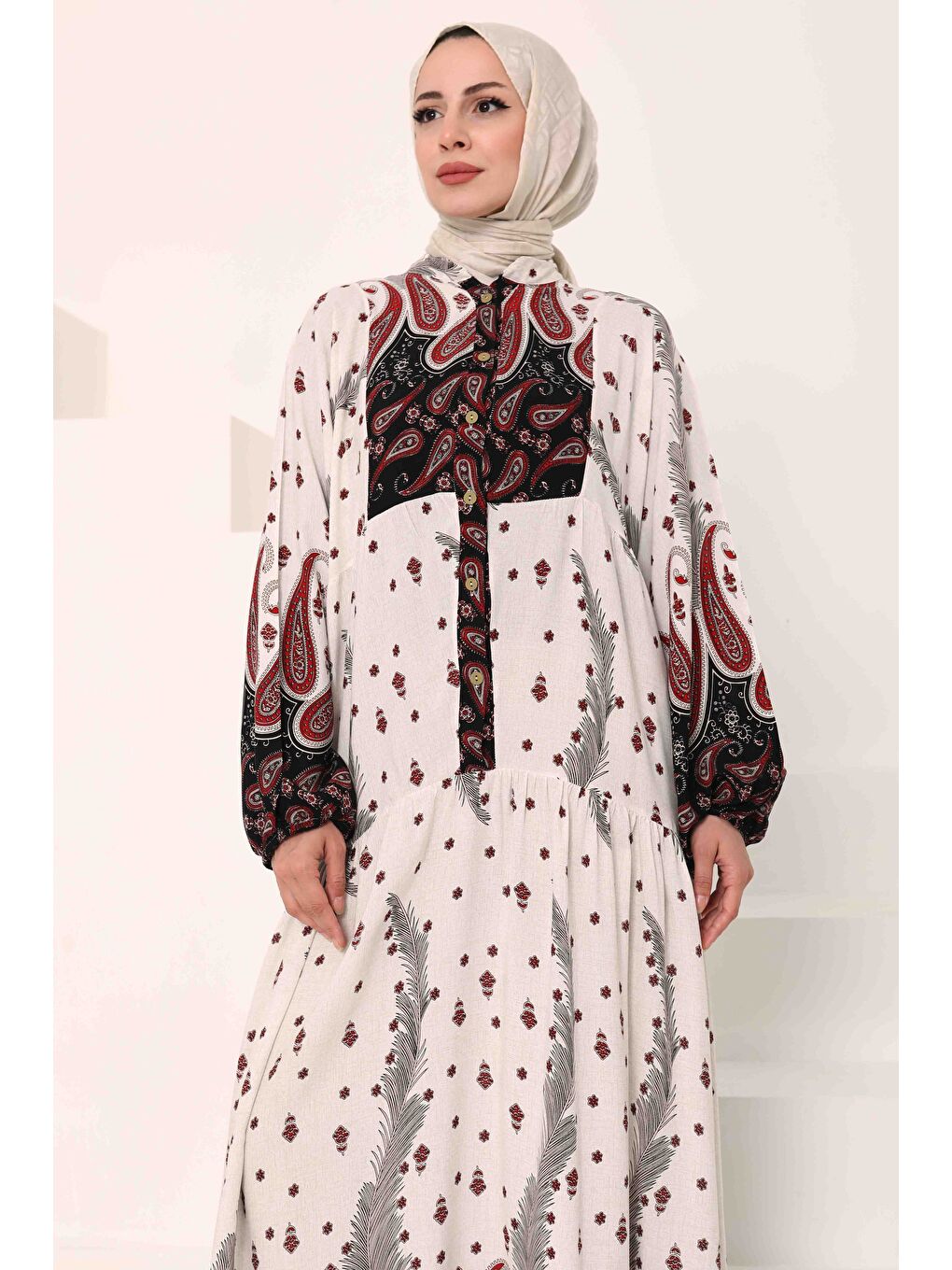 Kırmızı Desenli Düğmeli Elbise Kirmizi - 27040-3