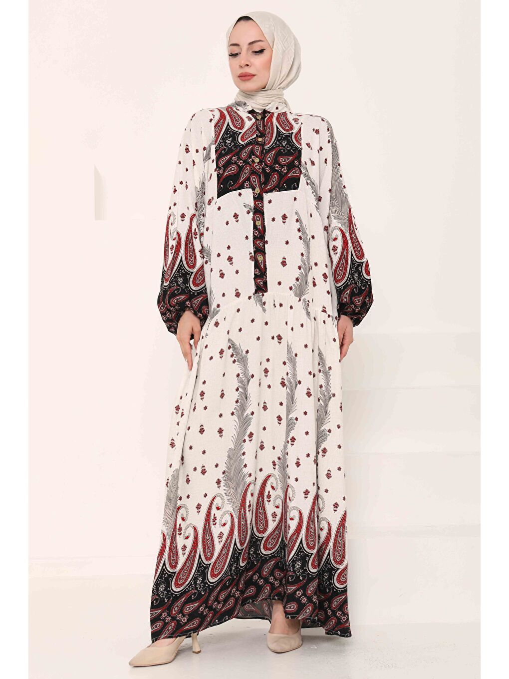 Kırmızı Desenli Düğmeli Elbise Kirmizi - 27040-4