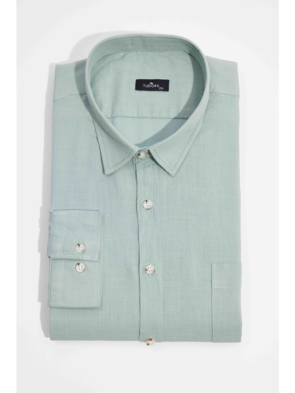 Erkek Big Size Büyük Beden Uzun Kollu %100 Pamuk Keten Doku Tek Cepli Yeşil Düğmeli Yaka Gömlek