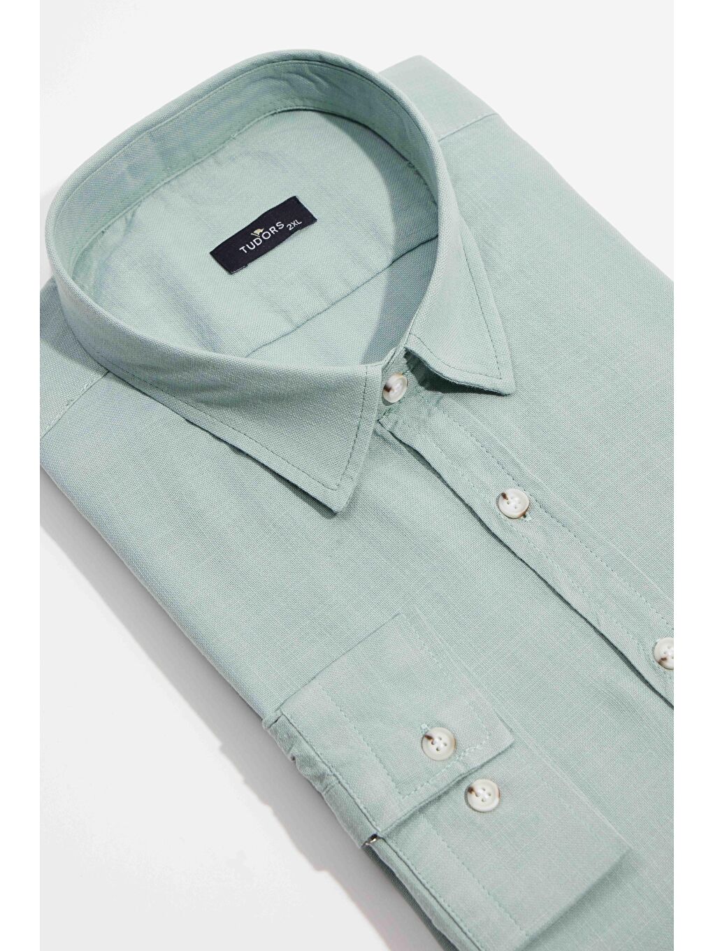 Erkek Big Size Büyük Beden Uzun Kollu %100 Pamuk Keten Doku Tek Cepli Yeşil Düğmeli Yaka Gömlek-1