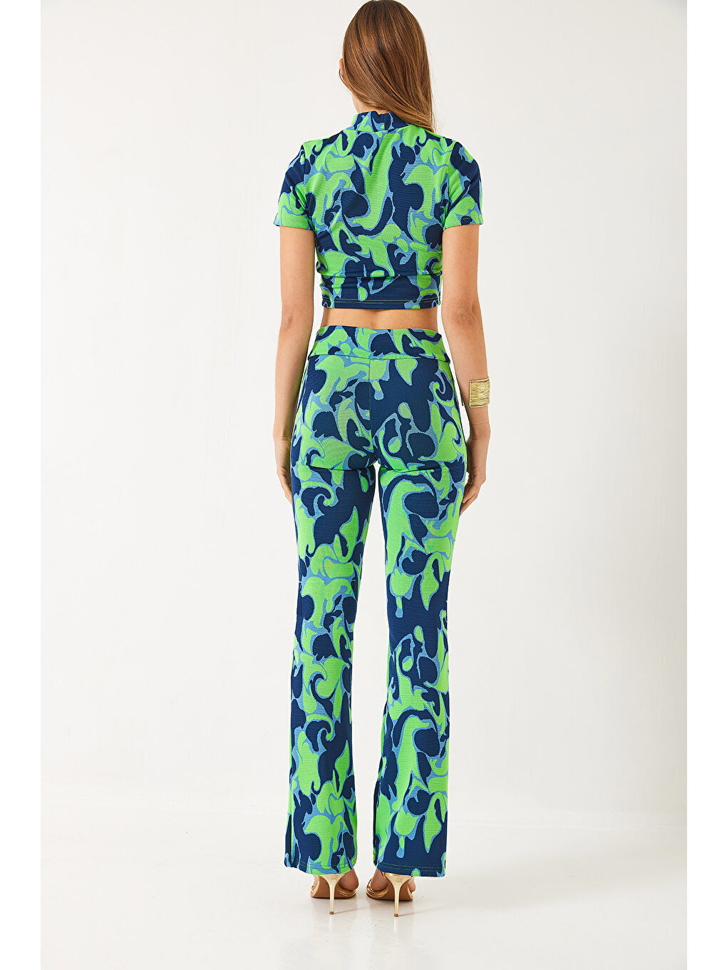 Lacivert Kadın Yarım Balıkçı Yaka Kısa Kollu Crop Beli Lastikli Pantolonlu Alt-Üst Takım-5