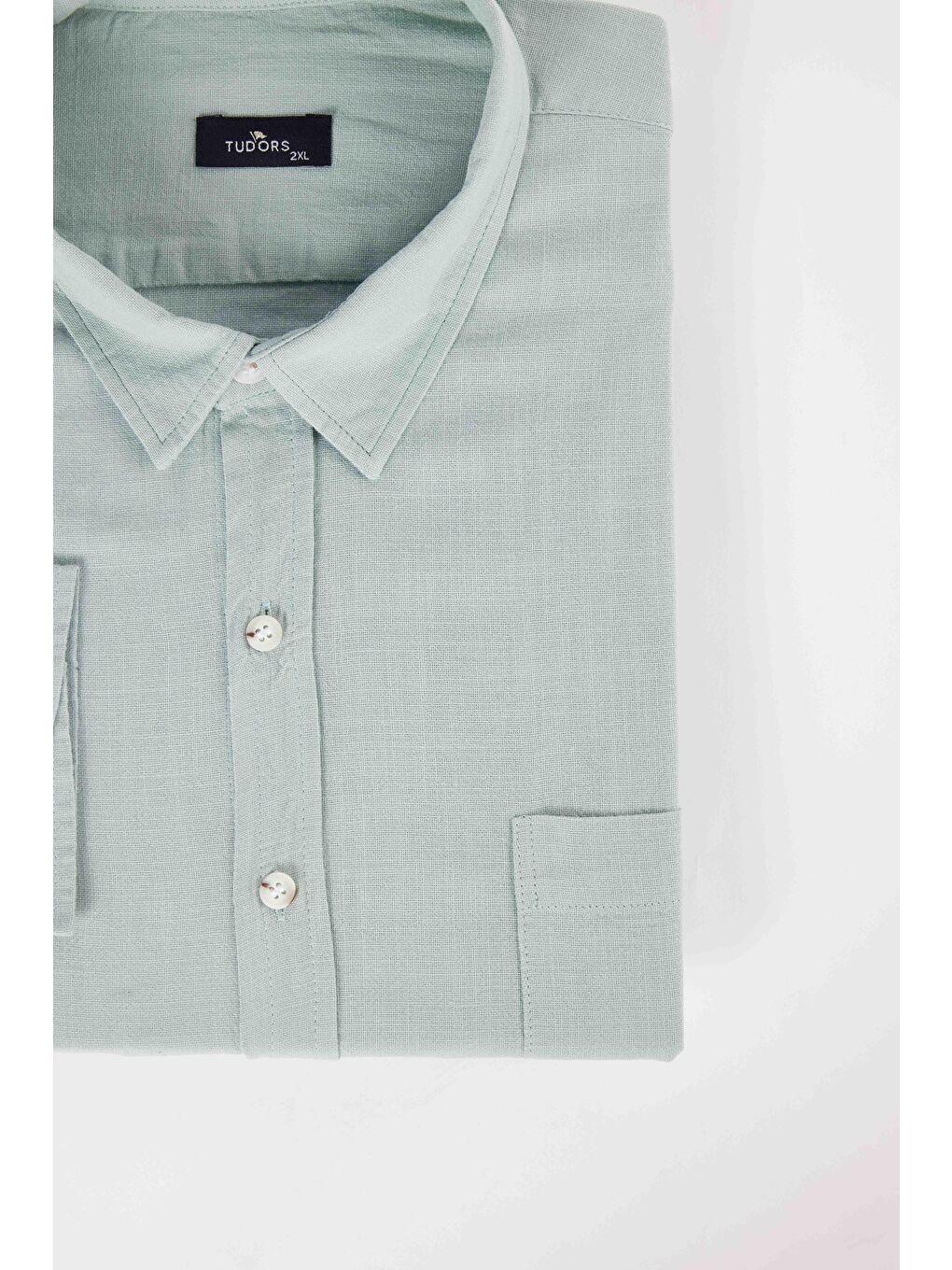 Erkek Big Size Büyük Beden Uzun Kollu %100 Pamuk Keten Doku Tek Cepli Yeşil Düğmeli Yaka Gömlek-2