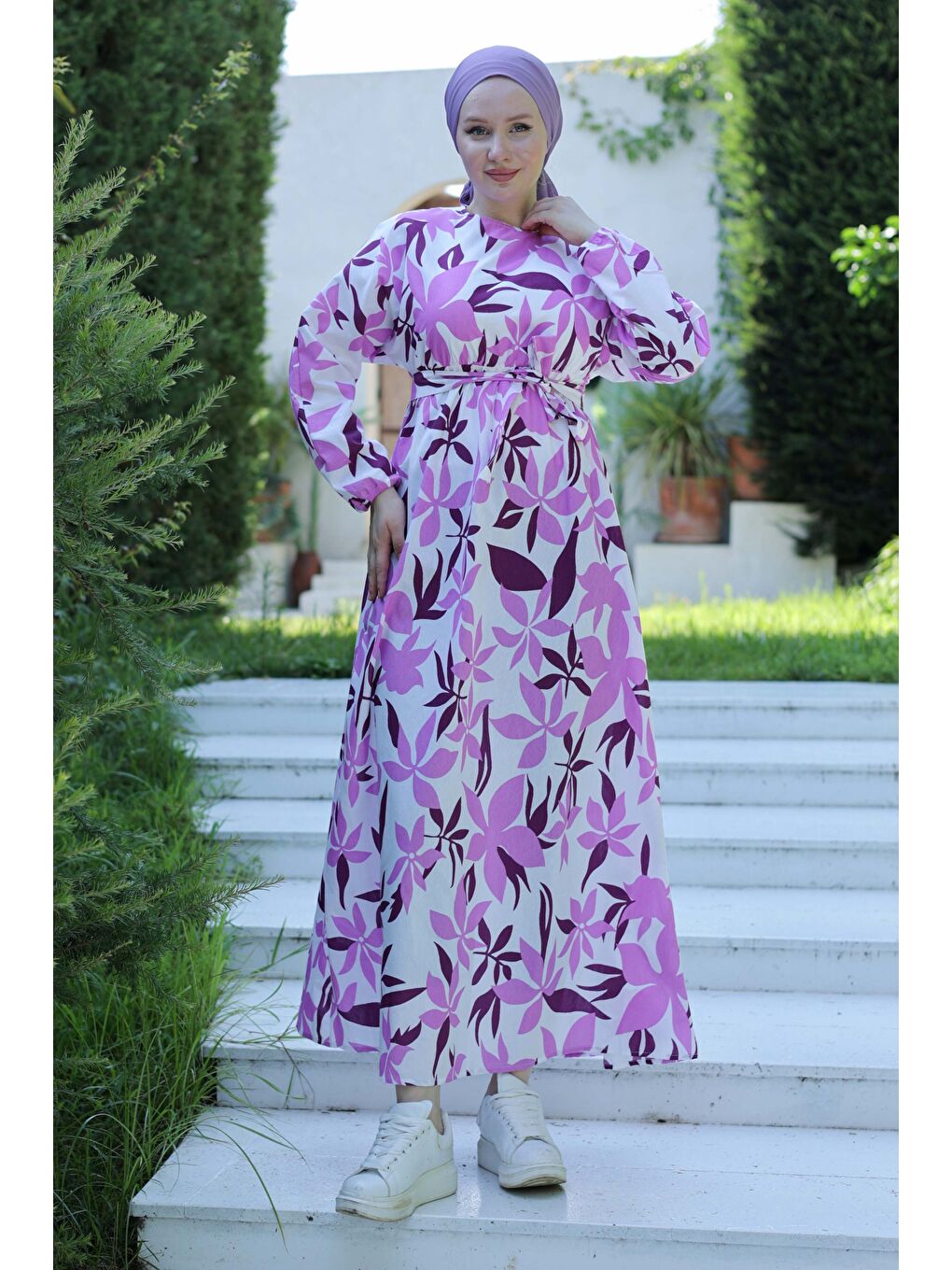 Desenli Kolu Büzgülü Elbise Mor - 26619-2
