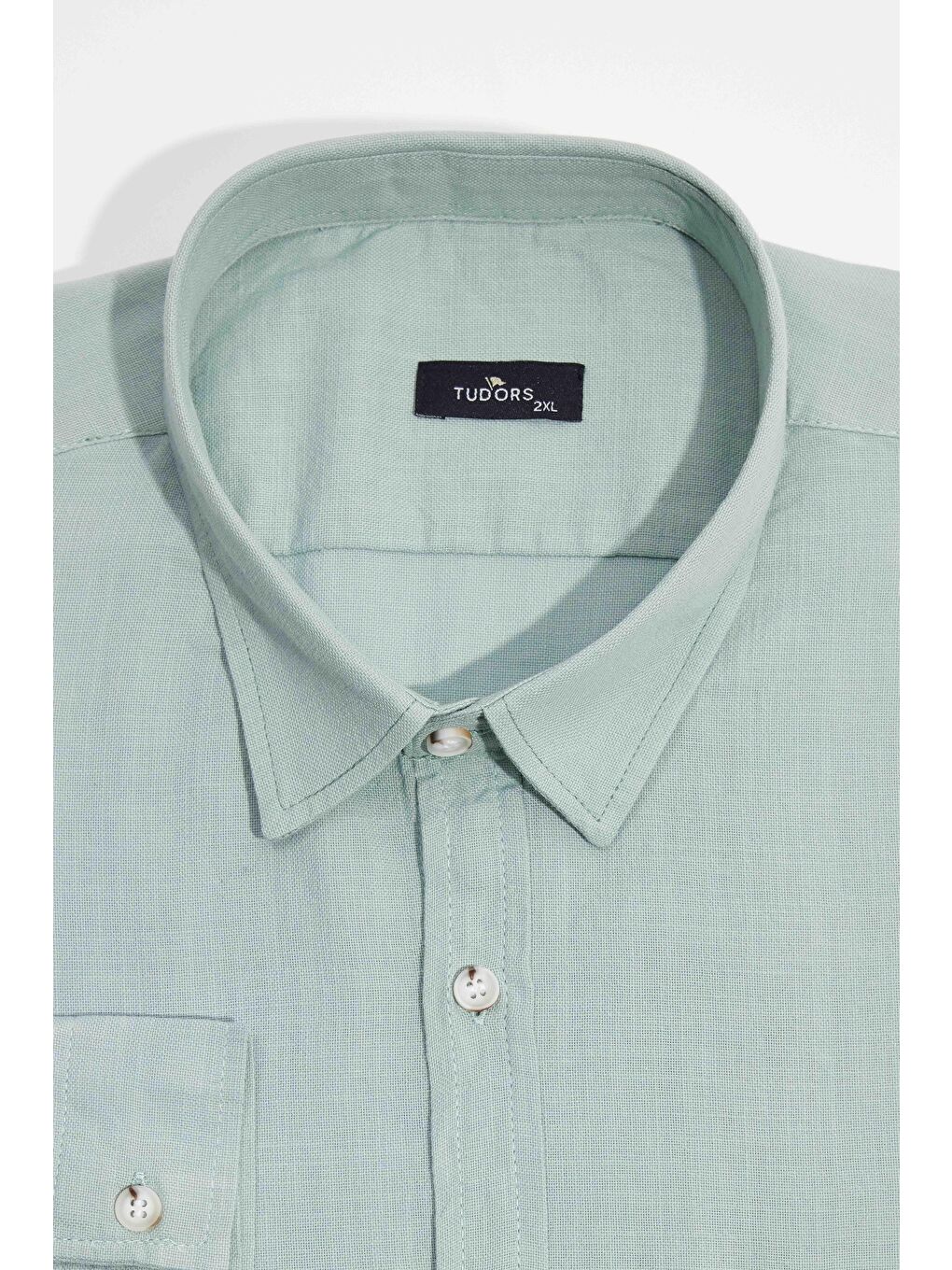 Erkek Big Size Büyük Beden Uzun Kollu %100 Pamuk Keten Doku Tek Cepli Yeşil Düğmeli Yaka Gömlek-3