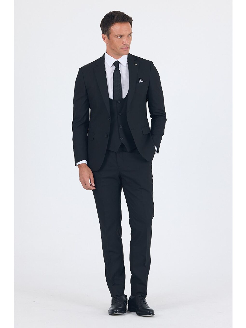 Siyah Mono Yaka Astarlı Çift Yırtmaç Esnek 6 Drop Slim Fit Basic Yelekli Takım Elbise 1001255186