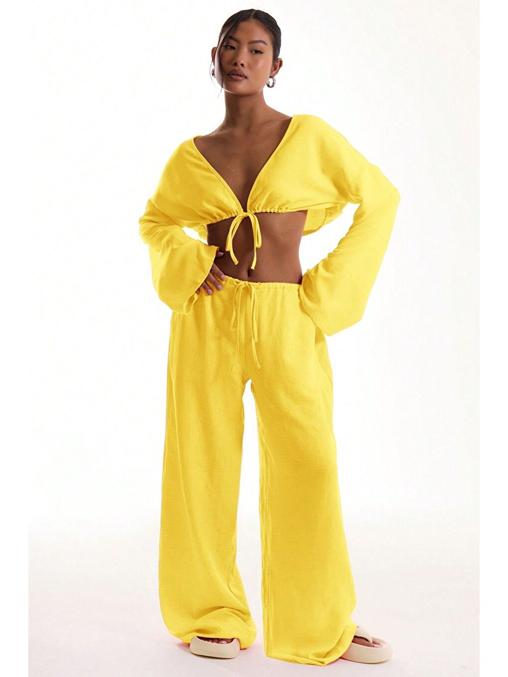 Sarı Keten Aerobin Kumaş Bel Bağlamalı Geniş Paça Pantolon-2