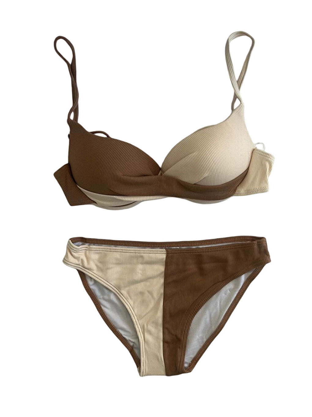 Kadın Kahverengi Krem Renk Bloklu Astarlı Bikini Takımı HZL25S-LC214-2