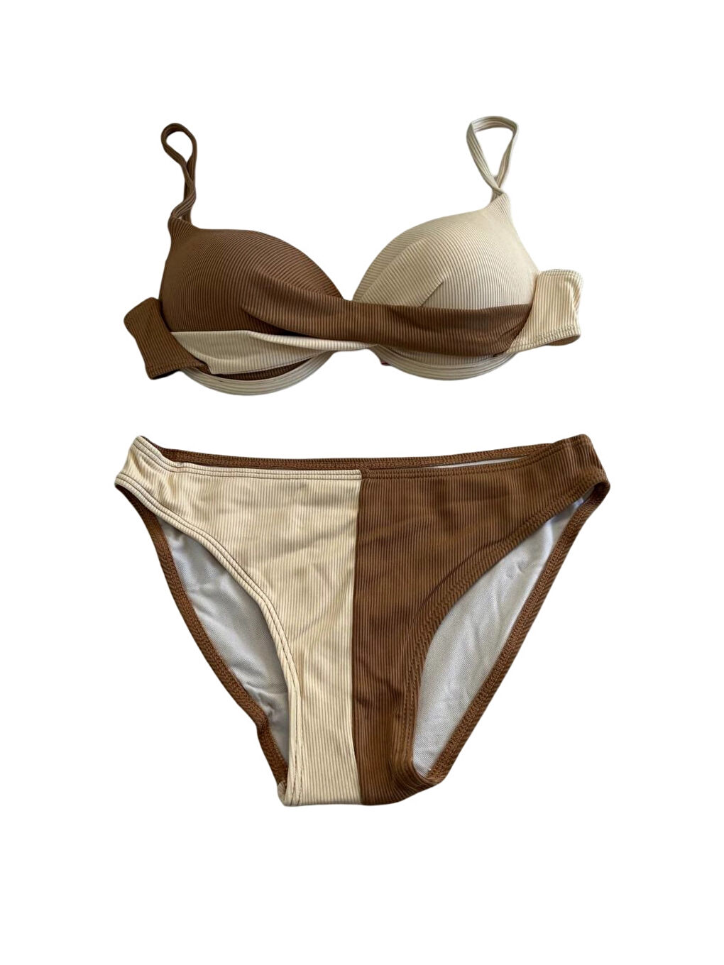 Kadın Kahverengi Krem Renk Bloklu Astarlı Bikini Takımı HZL25S-LC214-3