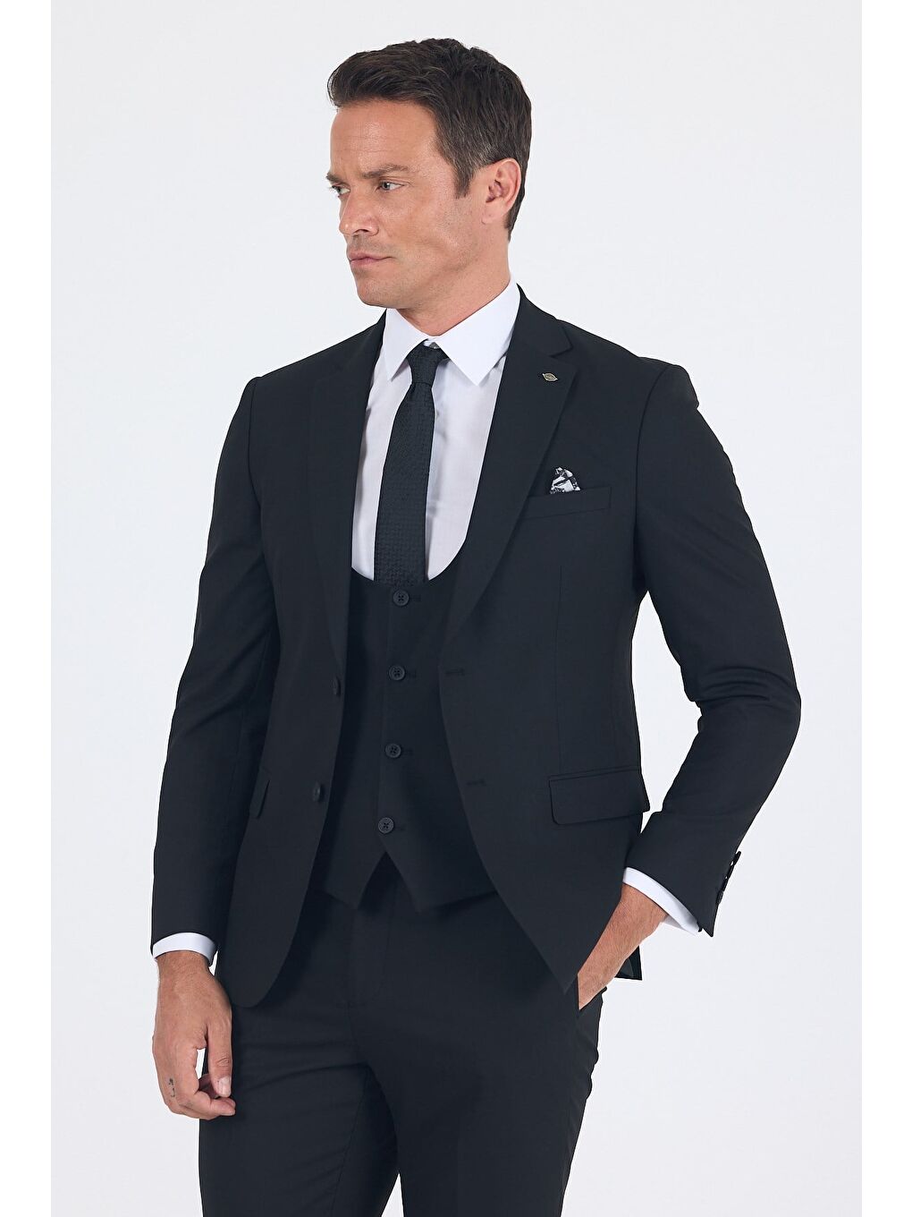 Siyah Mono Yaka Astarlı Çift Yırtmaç Esnek 6 Drop Slim Fit Basic Yelekli Takım Elbise 1001255186-1