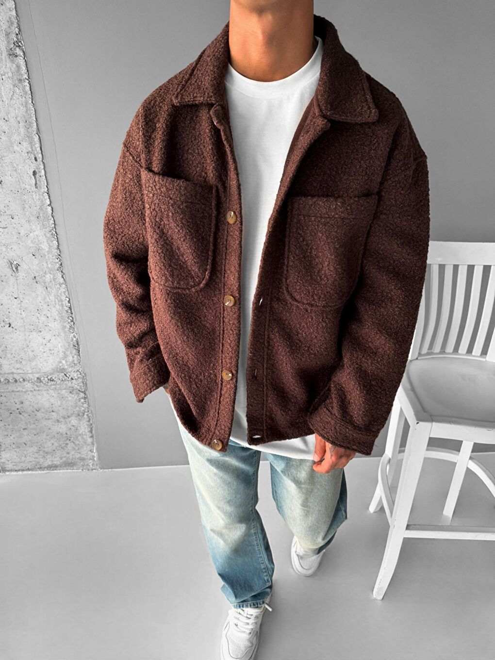 Kahverengi Erkek Relaxed Fit Önü Cepli Yakalı Gömlek Ceket Kahve