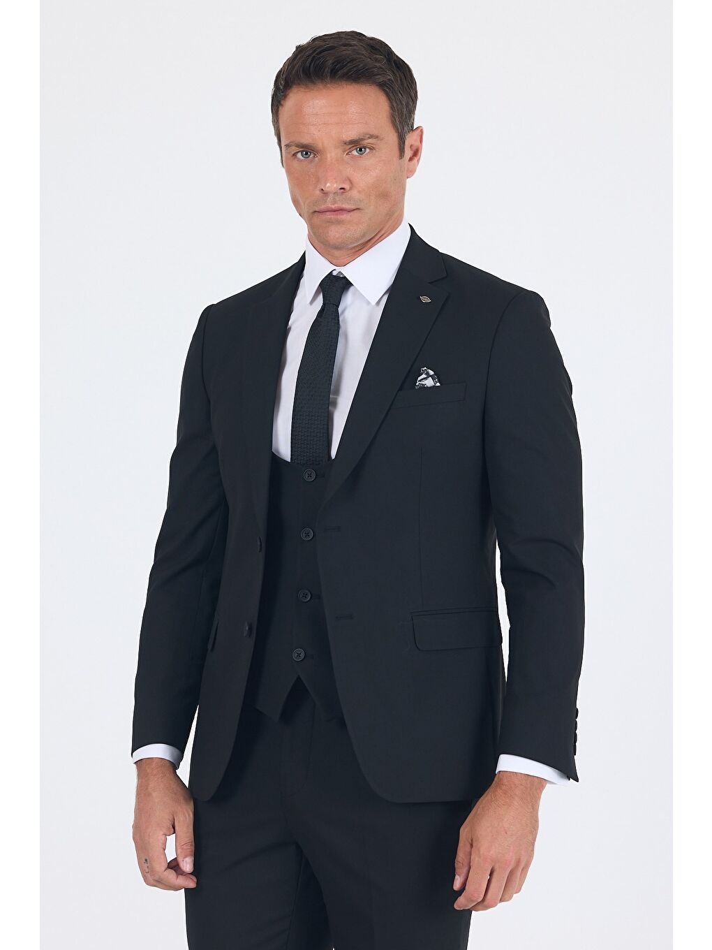 Siyah Mono Yaka Astarlı Çift Yırtmaç Esnek 6 Drop Slim Fit Basic Yelekli Takım Elbise 1001255186-2