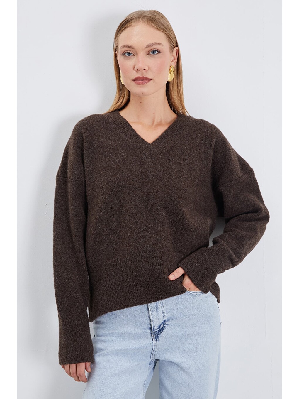 Kahverengi Basic V Yaka Oversize Triko Kazak-1