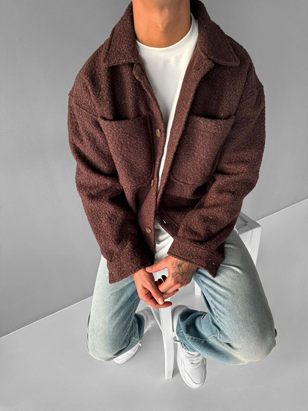 Kahverengi Erkek Relaxed Fit Önü Cepli Yakalı Gömlek Ceket Kahve-1
