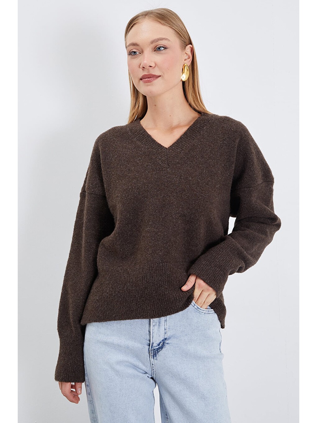 Kahverengi Basic V Yaka Oversize Triko Kazak-2