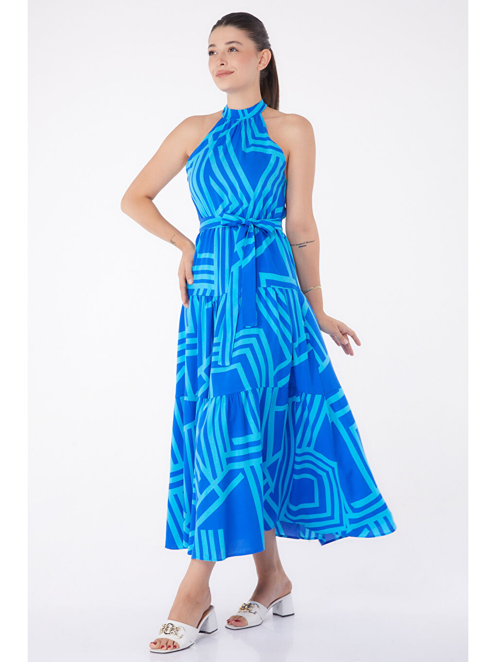 Desenli Reglan Kol Elbise Turkuaz - 13265-1