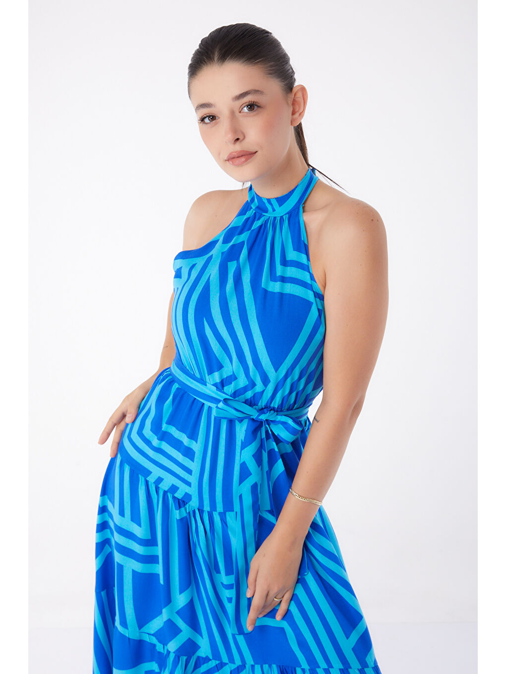 Desenli Reglan Kol Elbise Turkuaz - 13265-2