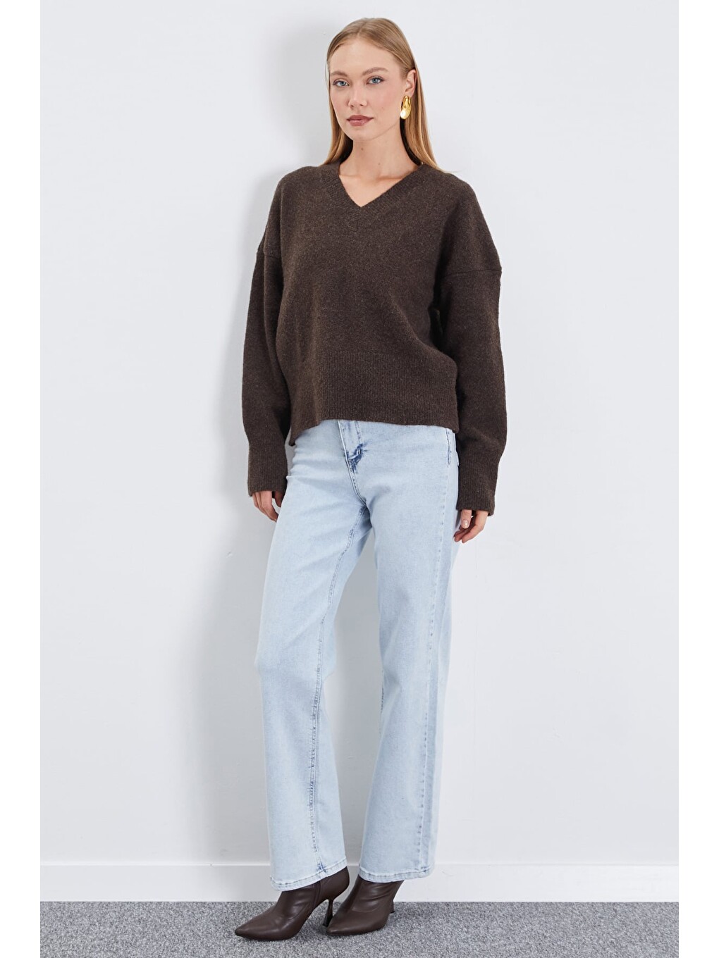 Kahverengi Basic V Yaka Oversize Triko Kazak-4