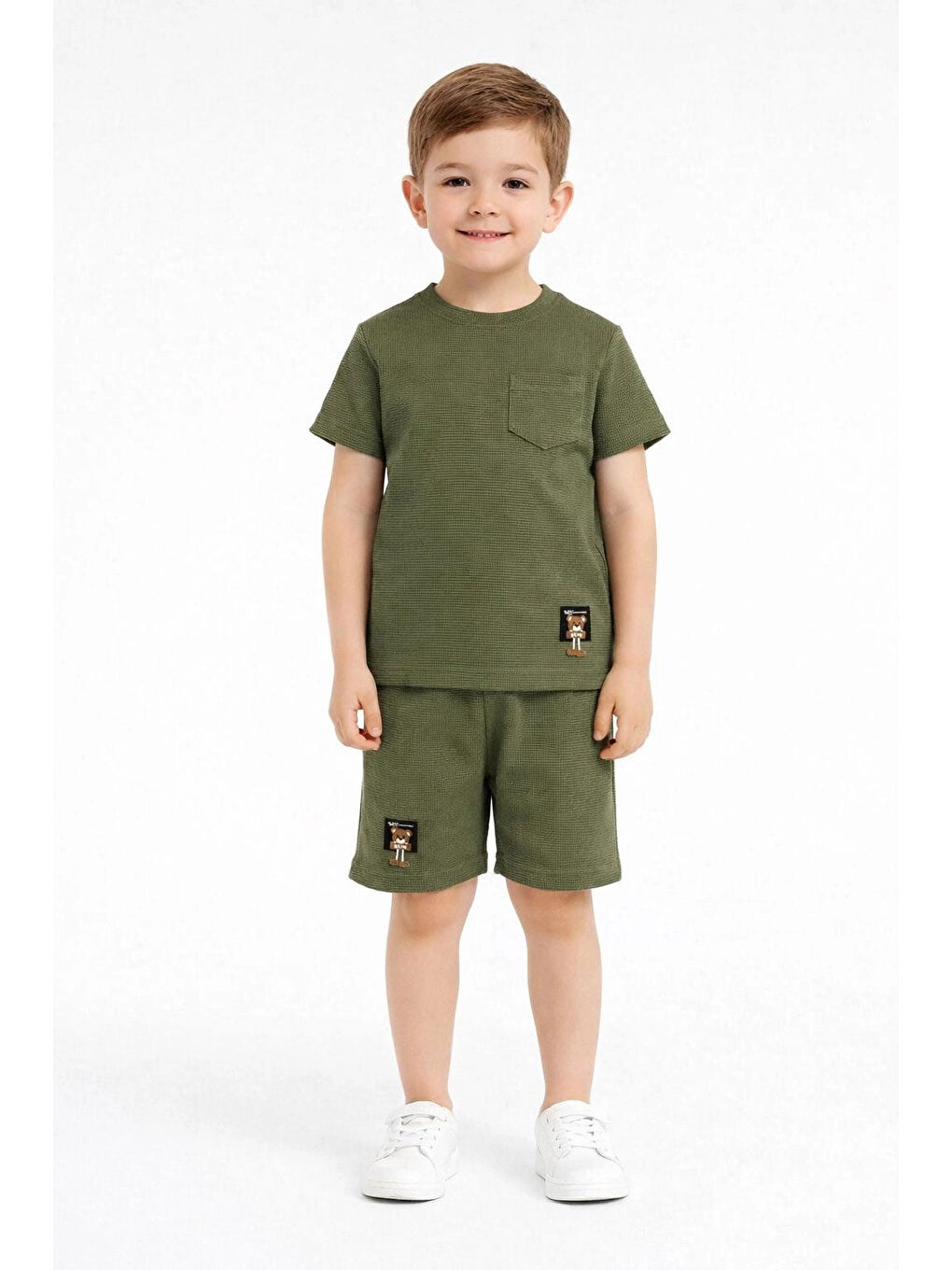 Haki Çizgi Desenli Waffle Şortlu Erkek Takım 30101