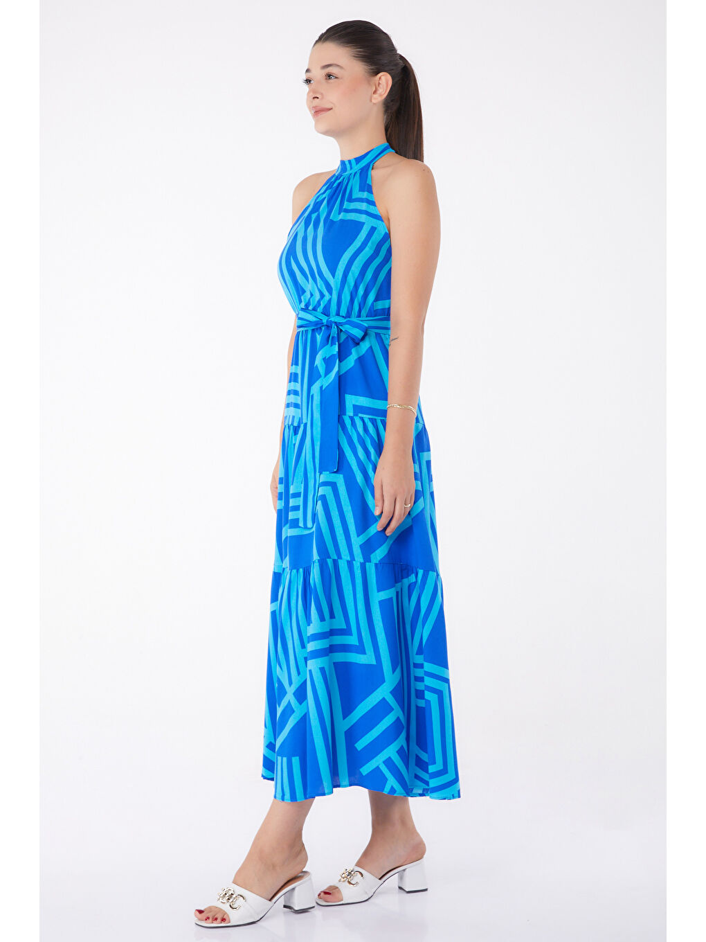 Desenli Reglan Kol Elbise Turkuaz - 13265-3