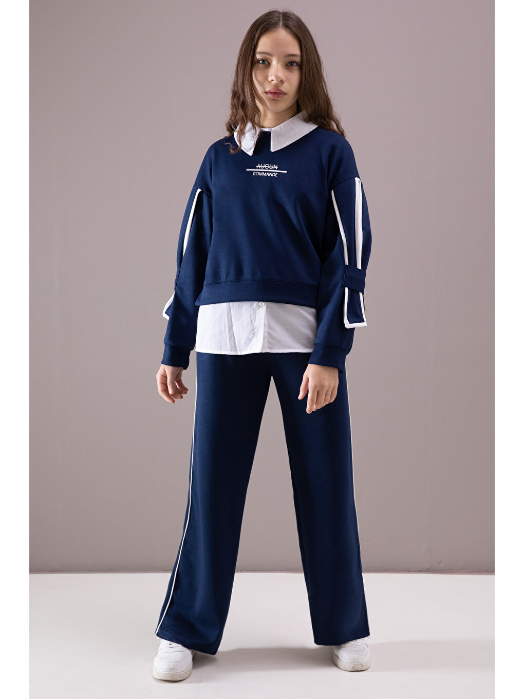 Lacivert Kol Detaylı Badili Gömlekli Kız Çocuk Pantolonlu 3'lü Takım 19878