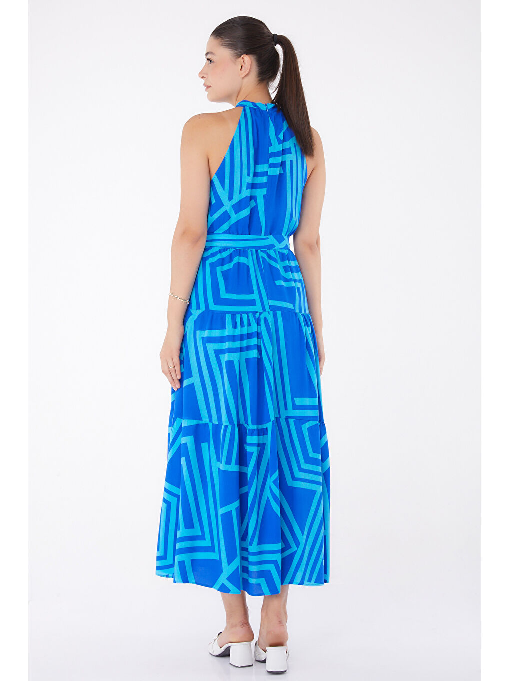 Desenli Reglan Kol Elbise Turkuaz - 13265-4