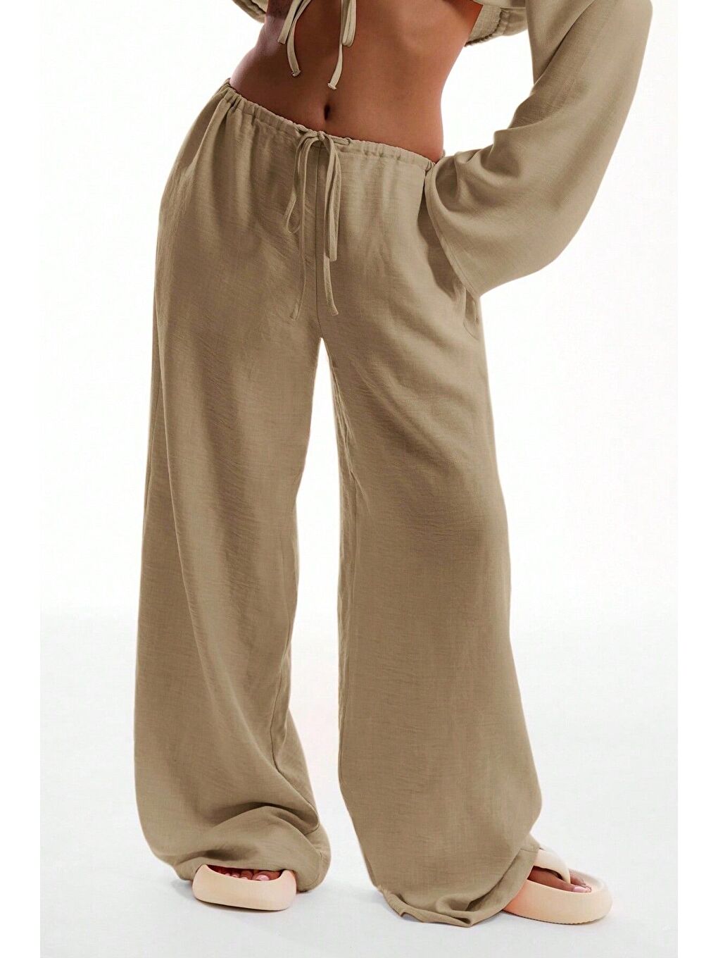 Bej Keten Aerobin Kumaş Bel Bağlamalı Geniş Paça Pantolon