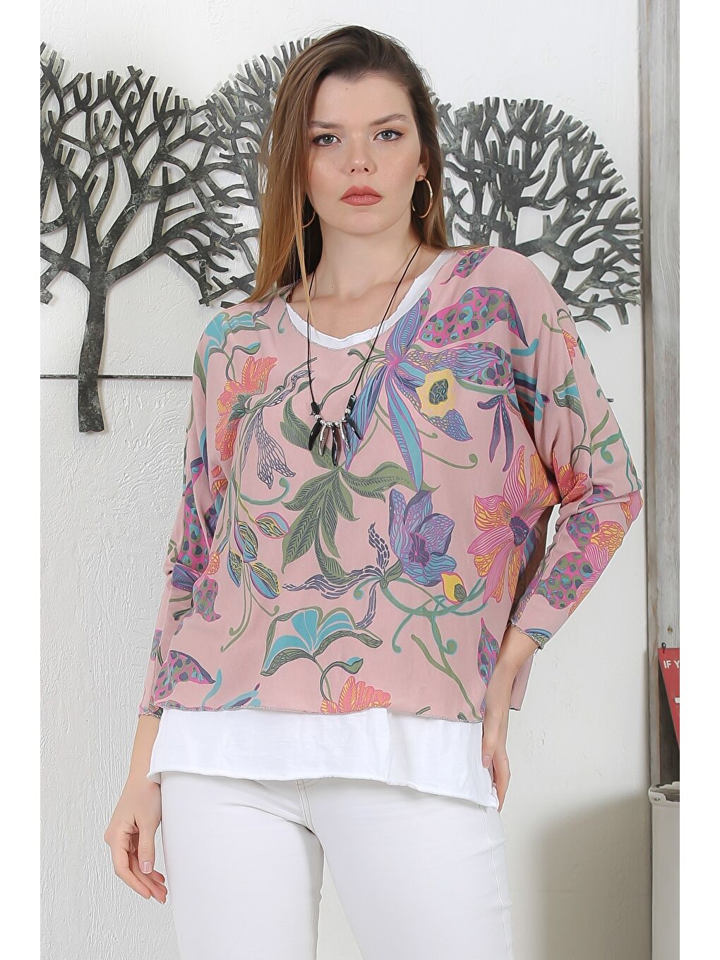 İtalyan Mürdüm Rengi V Yaka Uzun Kol Çiçekli İkili Set Kolyeli Casual Triko Bluz-1