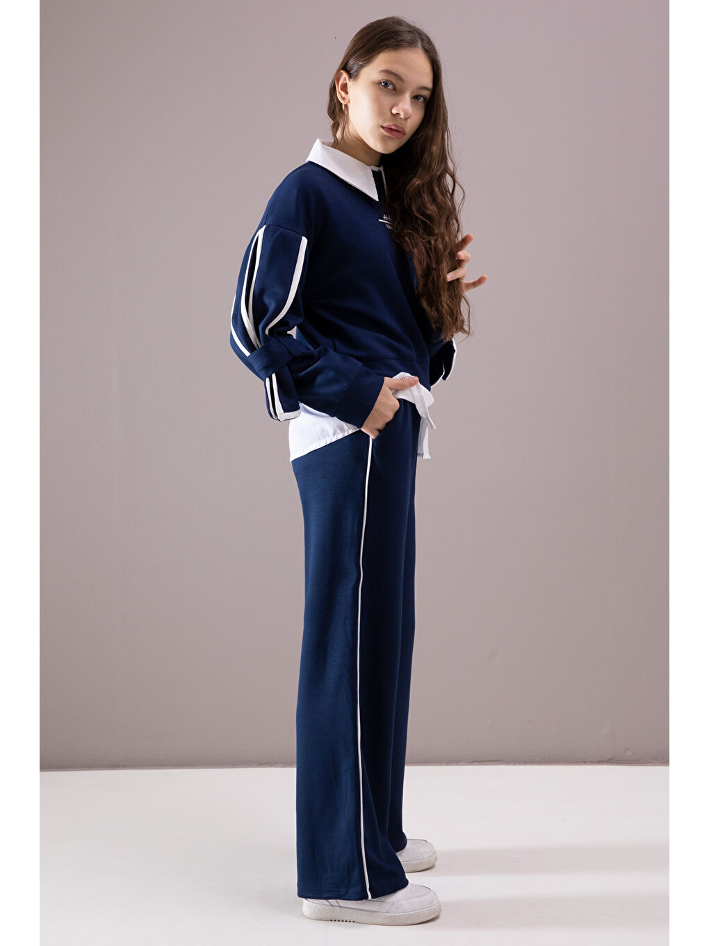 Lacivert Kol Detaylı Badili Gömlekli Kız Çocuk Pantolonlu 3'lü Takım 19878-1