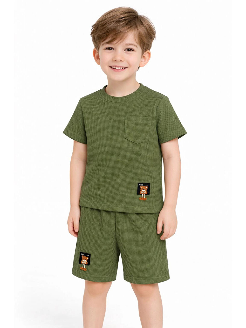 Haki Çizgi Desenli Waffle Şortlu Erkek Takım 30101-1